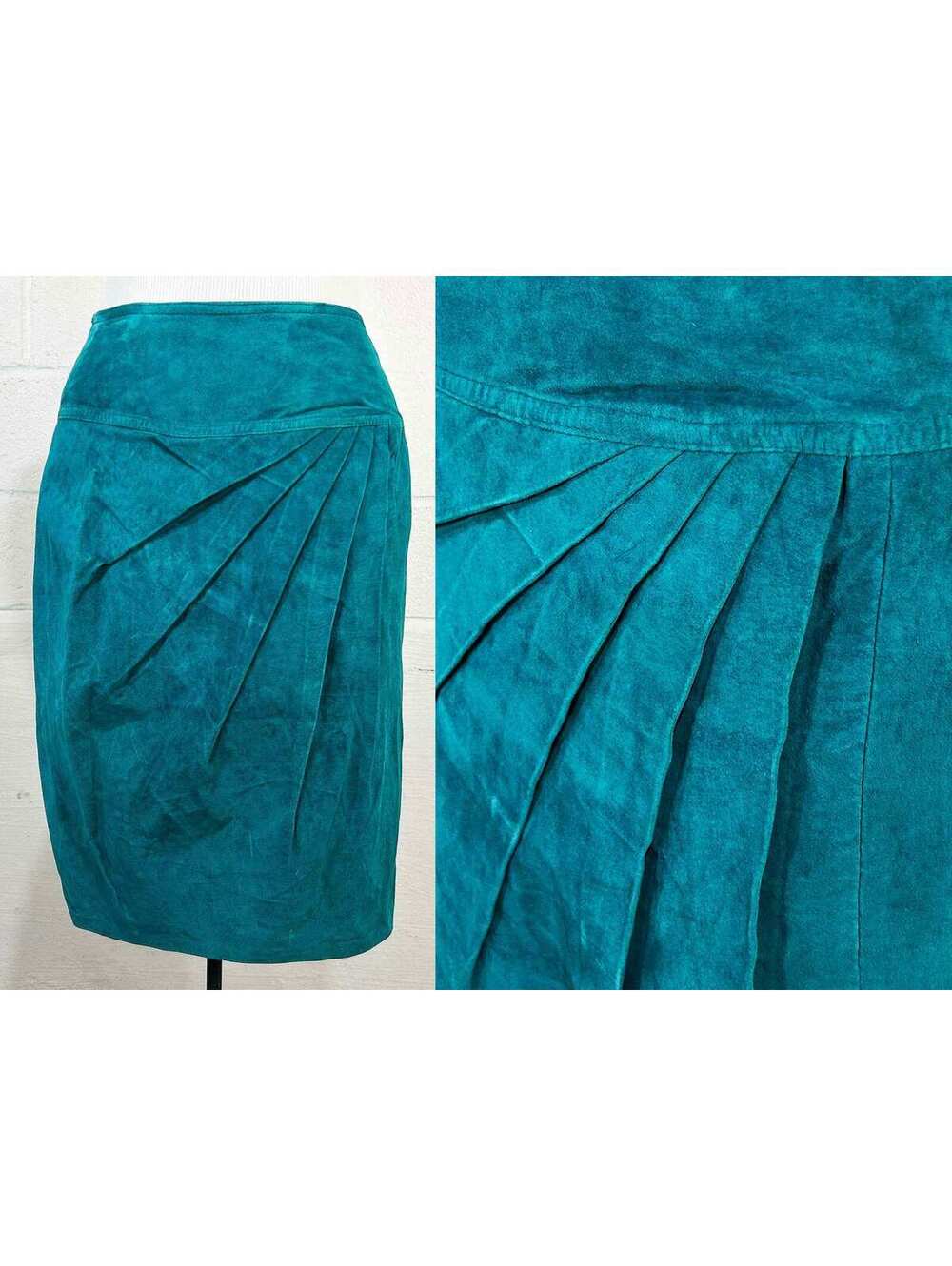 Vintage Teal Suede Pencil Skirt Wiggle New Wave Glam Fan Pleated 1990s Small